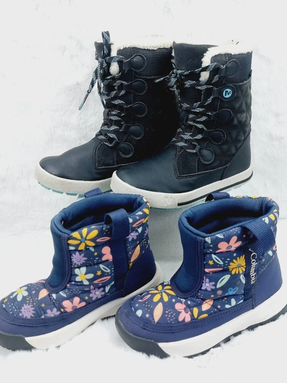 Set of 2 Columbia Merrell Girl's Black Blue Waterproof Ankle Snow Boots Size 12